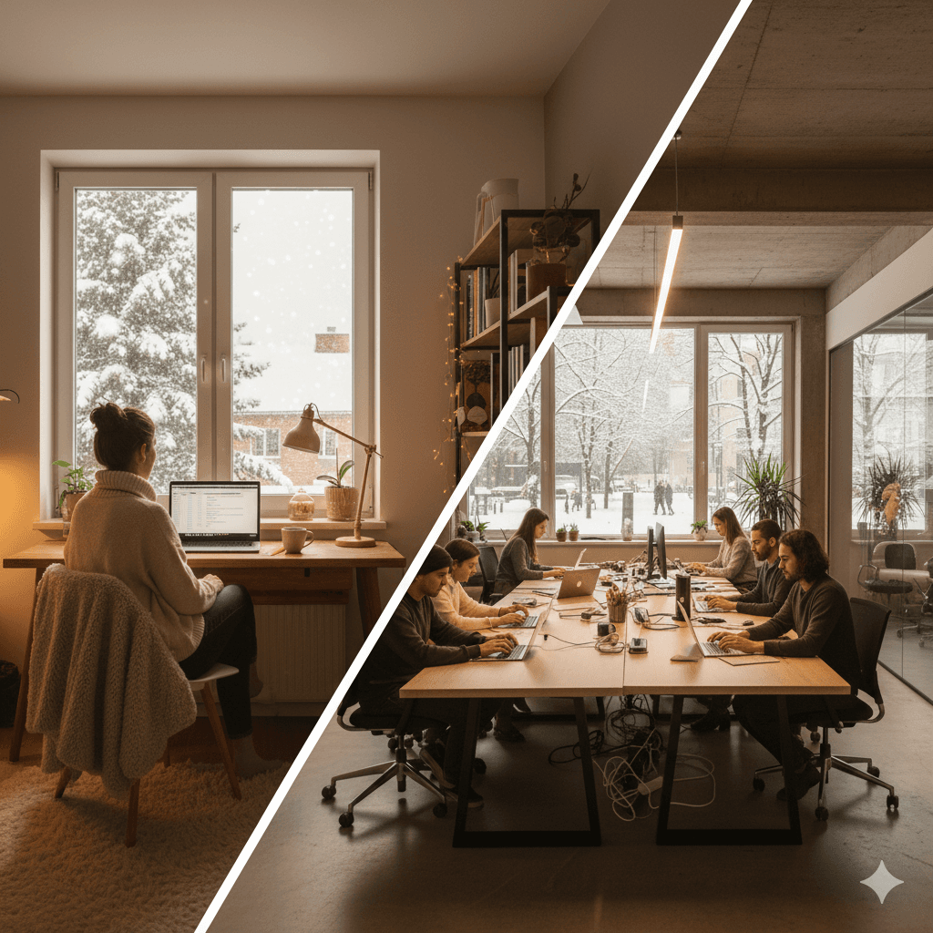 Kostenvorteile im privaten Büro bzw. Coworking Space bei winterlichem Wetter